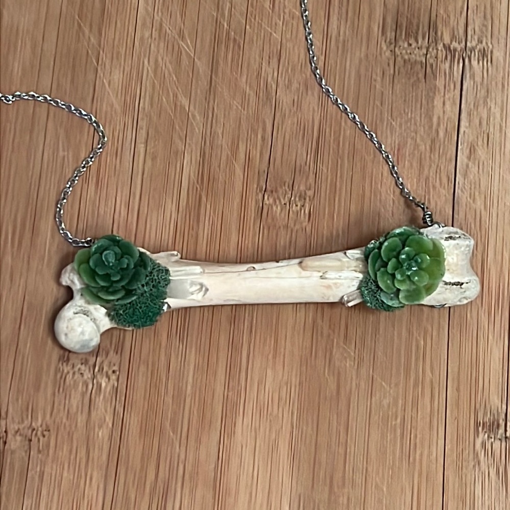 Handmade bone necklace with crystals and succulents